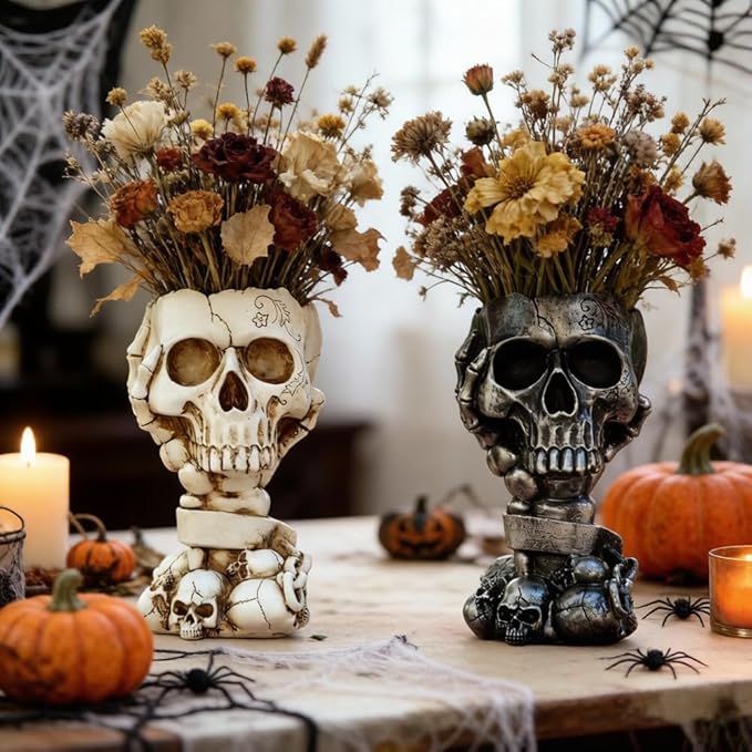 Skull Planter, Gothic Planters for Halloween Decorations Indoor/Outdoor Plants, Goth Flower Pots, Plant Pots, Skull Flower Pot, Plant Pot, Unique Vase with Drainage(Tall Black)