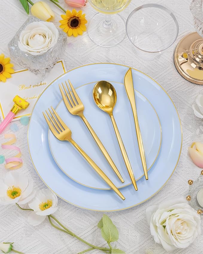 bUCLA 150PCS Blue Plastic Plates - Light Blue and Gold Disposable Include 25 Each (Dinner & Dessert) Plates, 25 Knives, 25 Forks, 25 Spoons and 25 Cups, Ideal for Party, Easter, Birthday & Wedding