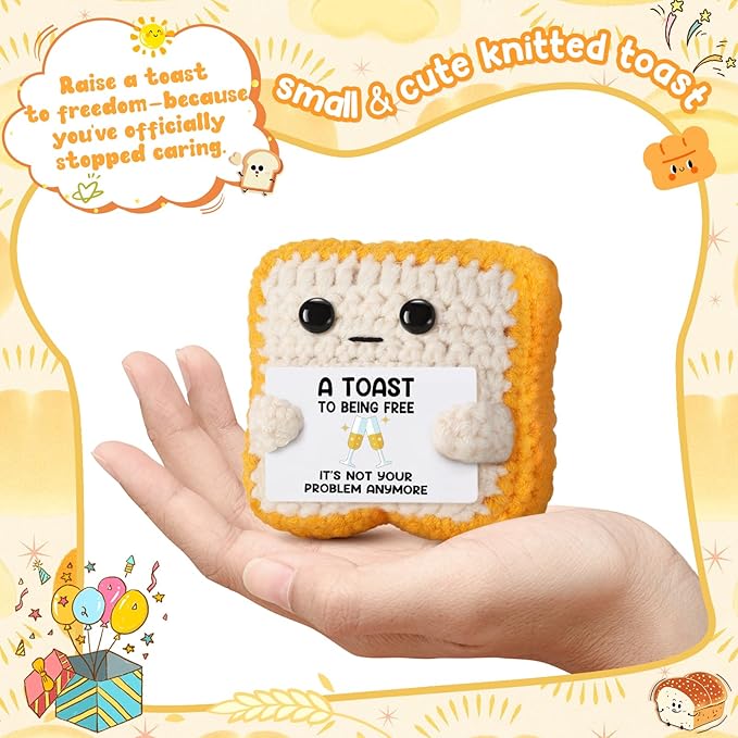 Crochet Toast “A Toast to Being Free” Plush – Funny Celebration Gifts for Woman Men Best friend Coworker “It’s Not Your Problem Anymore” Card for Leaving Workor, Retirement, Divorce, Graduation Gift