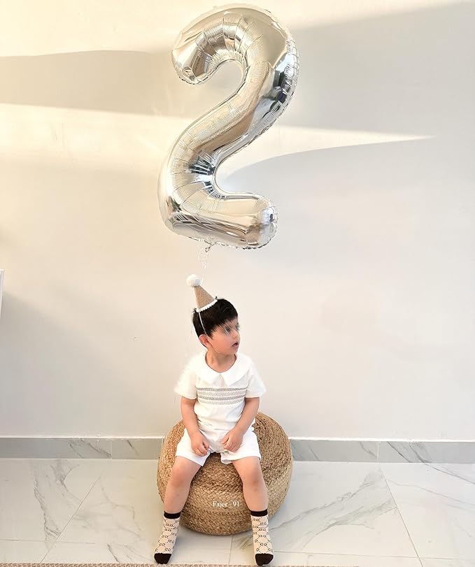 Silver Number 2 Balloon 40 Inch, 2nd Birthday Decoration for Toddlers Girls Boys, Sparkling 2 Number Balloon Party Decor