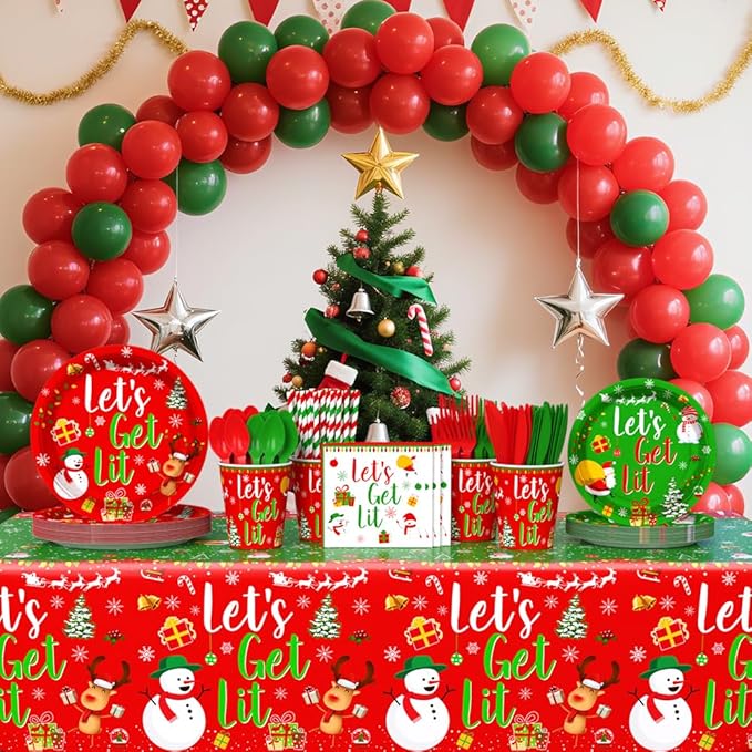 194 Pcs Christmas Party Supplies Decorations Friendsmas Christmas Party Decorations Let's Get Lit Santa Snowman Disposable Tableware Set with Plates Napkins and Tablecloth Serves 24 Guests