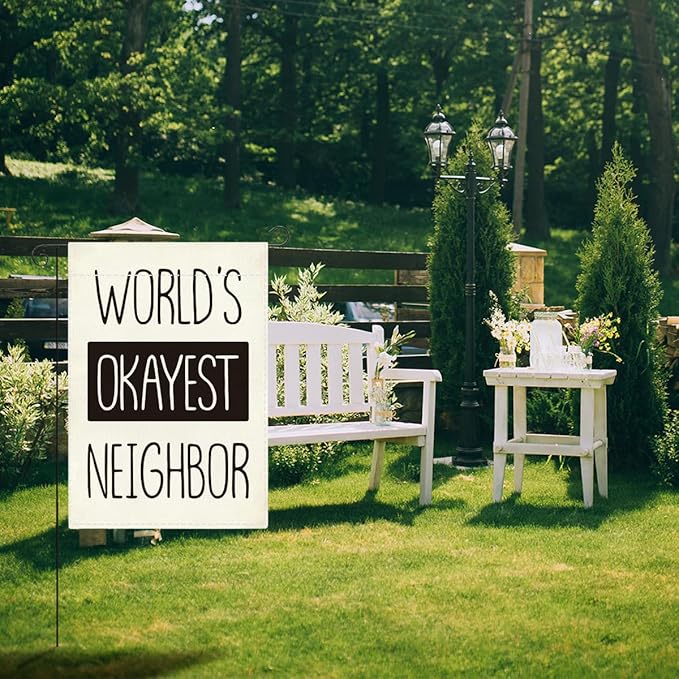 Funny Garden Flag, World's Okayest Neighbor Double Sided Decoration for Yard Veranda Patio Outdoor Best Neighbor Gifts Idea 12 x18 inches