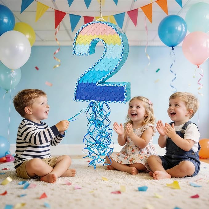 WERNNSAI Number 2 Piñata - Ombre Blue Two Piñata with a Blindfold and Bat Birthday Party Game for Kids Boys Girls 2nd Birthday Party Decorations （16.3" x 11.4" x 3")