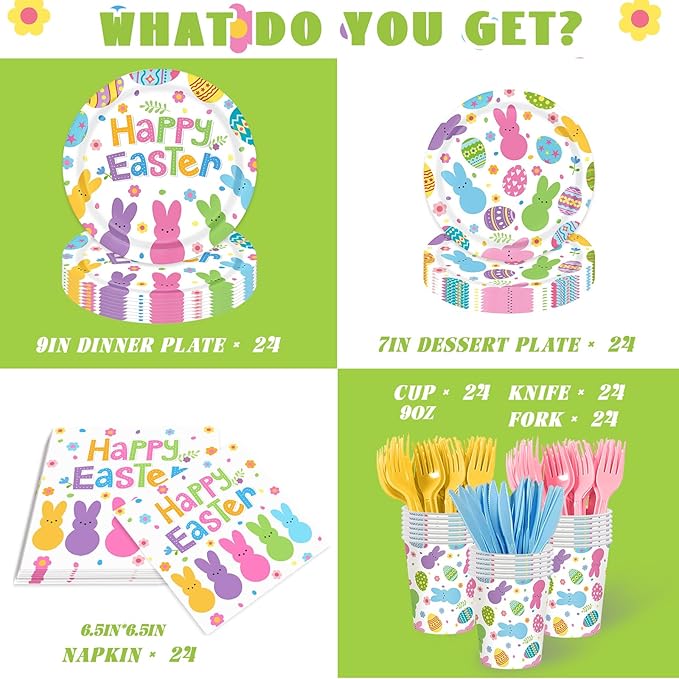 Easter Paper Plates and Napkins Sets,144pcs Bunny Egg Happy Easter Tableware Supplies Disposable Easter Themed Birthday Party Plates Napkins Cups for Spring Themed Decor