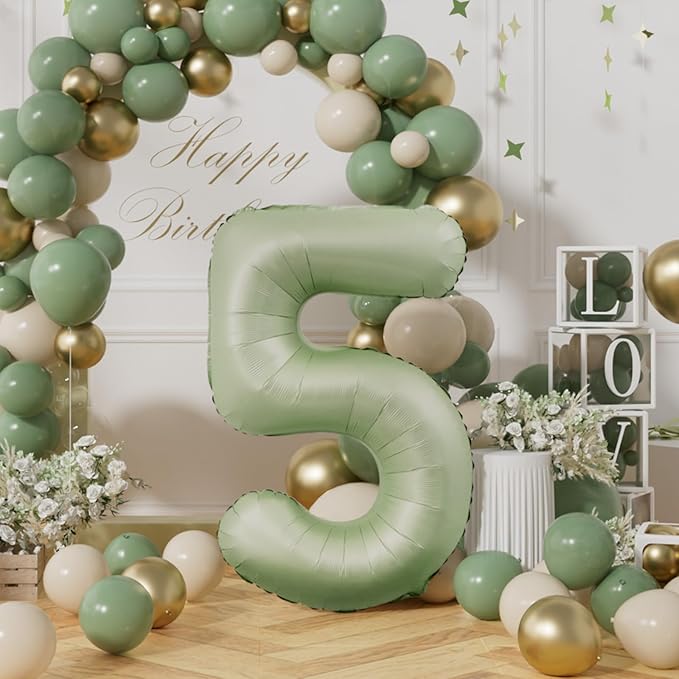 AULE 40 Inch Large 5 Balloon Numbers Sage Green, Big Foil Number Balloons, Giant Helium Happy Birthday Party Decorations for Man and Women, Huge Mylar Anniversary Party Supplies