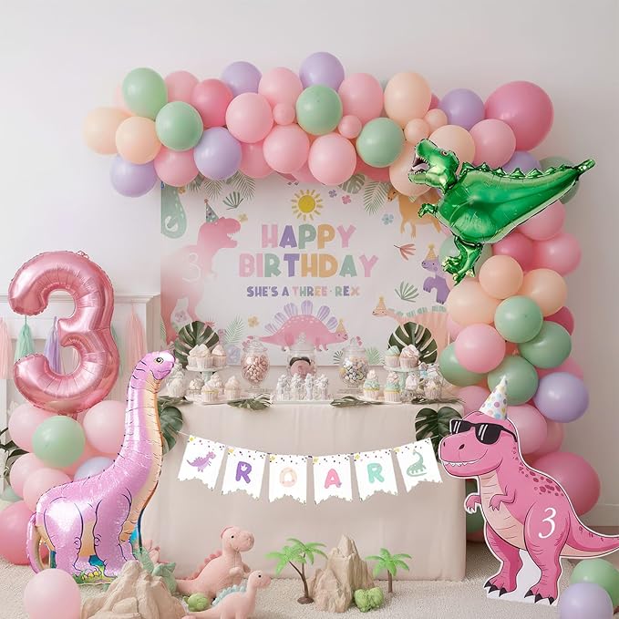 Dinosaur Balloon Garland Arch Kit Pastel Pink green and purple with Number 3 mylar balloon & Banner & backdrop for Girl Dino Baby Shower Dinosaur 3rd Birthday Three Dino Rex Party decorations