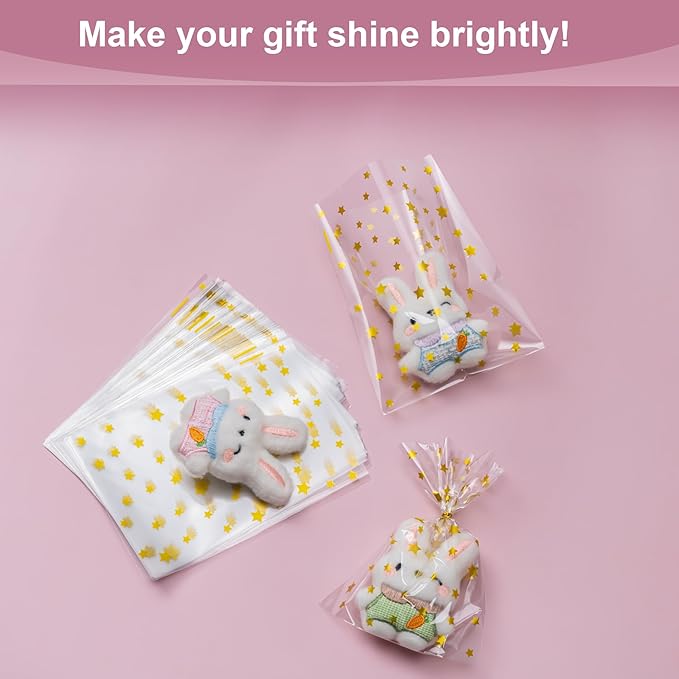 Aegero 120 Pack Star Printed 5"X 7" Gift Wrap Cello Cellophane Treat Bags,Gift Candy Goodies Bags with 140 Pcs Twists for Valentine,Birthday,Bakery,Wedding,Gift Cookie Snack Packing,Party Favor Supplies(Gold )