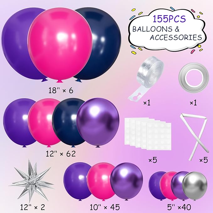 Hot Pink Purple Dark Blue Baloon Garland Arch Kit with 4D Star Foil Balloon Silver, 155Pcs Latex Balloons Different Sizes 18 12 10 5 inch for Graduation Birthday Wedding