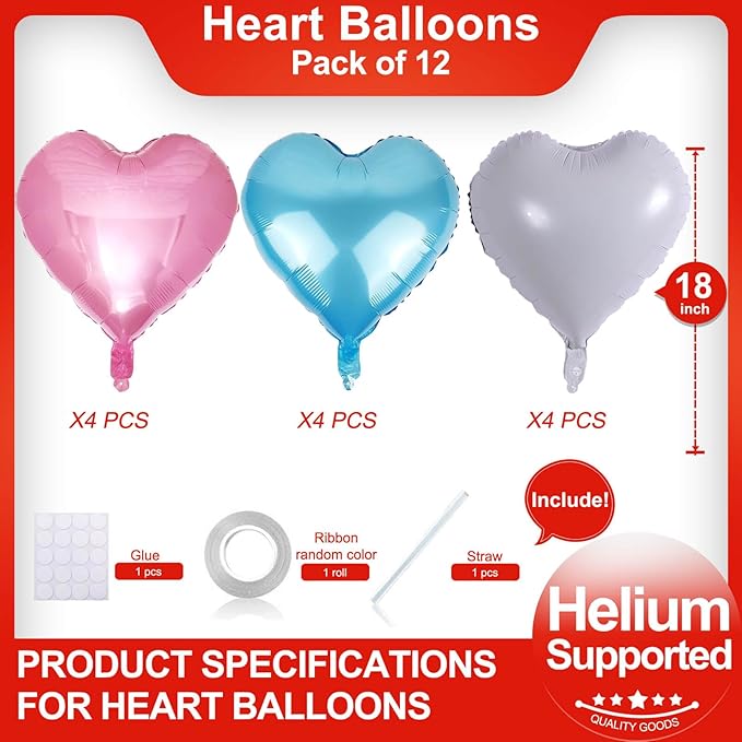 Pink Heart Shaped balloons Pack of 12,18 Inch Love Valentine Balloons Blue Heart Romantic Balloons For Valentines Day Propose Marriage Wedding Bridal Shower Engagement Party Decorations