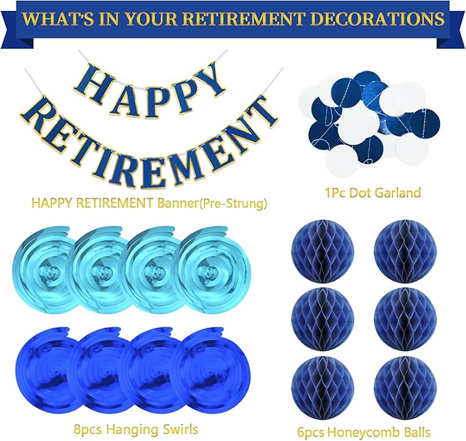 Retirement Party Decorations Kit for Women Men - 16-Piece Elegant Blue Set with Pre-Strung Banner, Honeycomb Balls, Swirls & Garland | Instant Setup Party Decor | Retirement Gifts & Supplies