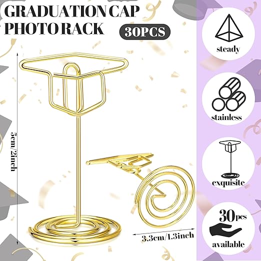 Rtteri 30 Pcs Grad Cap Graduation Picture Display 2 Inch Gold Photo Holders for Centerpieces Graduation Table Number Holders Card Stands for Class of 2026 Grad Party supplies
