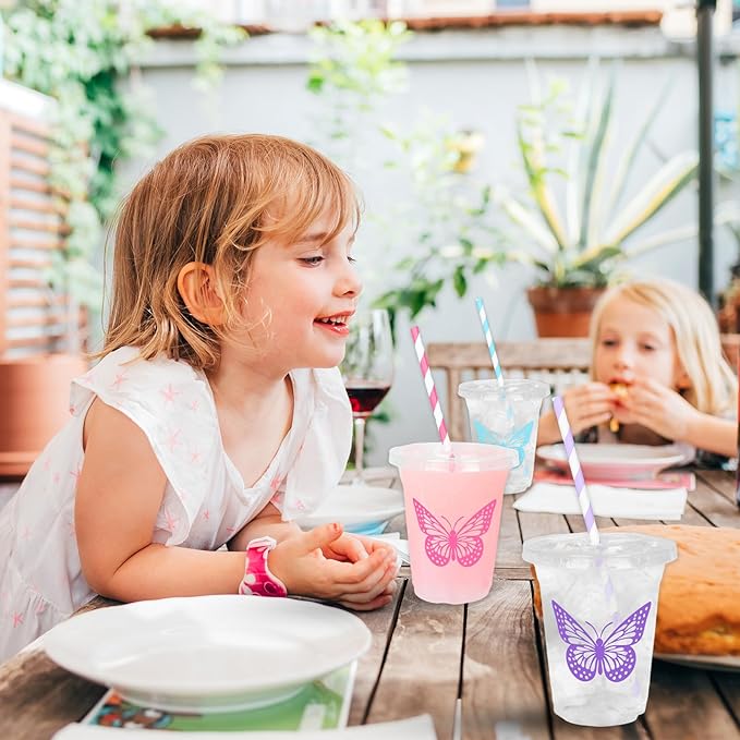 Whaline 60Pcs Butterfly Disposable Plastic Cups with Lids and Straws Pink Purple Blue Butterfly Cold Beverage Drinking Cups for Wedding Birthday Baby Shower
