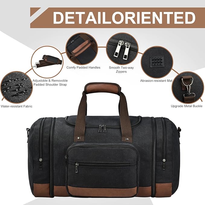 Litvyak Duffle Bag for Travel, 50L Canvas Travel Duffel Bags Overnight Weekend Gym Carry On Luggage Bag for Men & Women(Black)