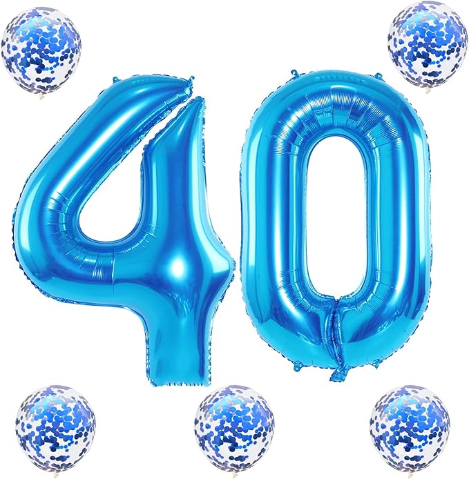 Blue 40 Balloon Numbers and Confetti Balloons, 40" Number 4 and 0 Mylar Foil Balloons Self Inflating, 40th Birthday Balloons Set for Men Women Boys 4th Birthday Anniversary Party Decorations Supplies