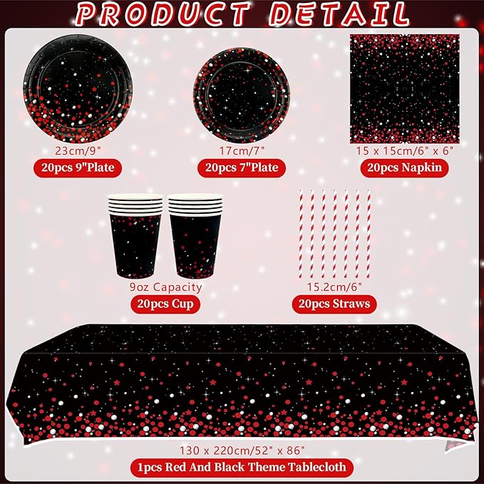KEFAN Red Black Birthday Party Decorations, Red Black Theme Party Tableware Supplies including Plates, Cups, Napkins, Tablecloth (20)