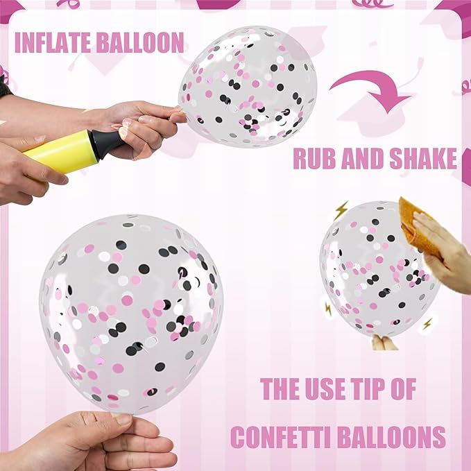 OuMuaMua 75 Pack Graduation Party Decorations Balloons Set - 12 Inch Pink Black White Confetti Graduation Balloons with 2 Ribbons for Class of 2026 Congrats Grad Birthday Party Decor Supplies