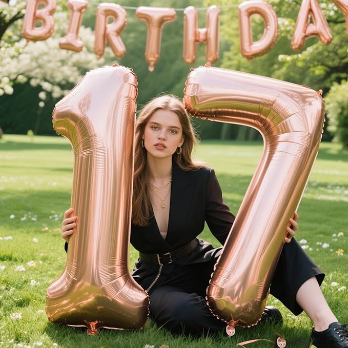 40 Inch Rose Gold Balloon Number 17 Balloon,Jumbo Mylar Foil Helium Balloon for 17 Digital Balloons for Birthday Party,Wedding Anniversary Party Decorations