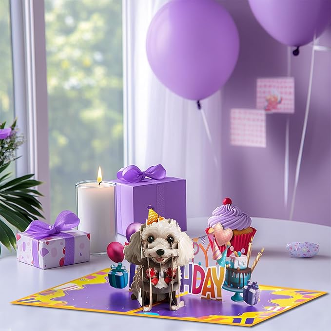 Poodle Dog Pop Up Happy Birthday Greeting Card, ideal love Gift for Adult and Kid with Blank Note & Envelope, Foldable Celebration for Daughter, Son, Mom, Dad, Friend, Children