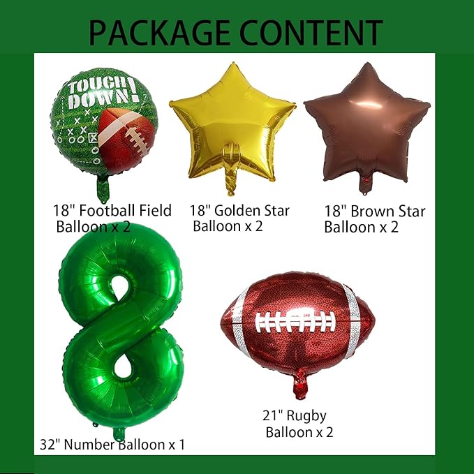 Football Balloons Foil Football Birthday Decorations Balloons Green Number 8 Balloon Gold Brown Star Touchdown Ballons for Rugby Birthday Decorations Sports Ballons Arch Kits Party Balloon Sets 9pcs