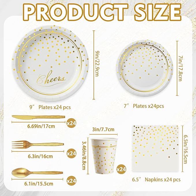 168 Pcs Paper Plates and Napkins Party Supplies, White and Gold Disposable Plates for 24 Guests, Golden Dot Party Plates, Napkins, Cups and Utensils Set for Birthday Wedding Graduation Party Decor