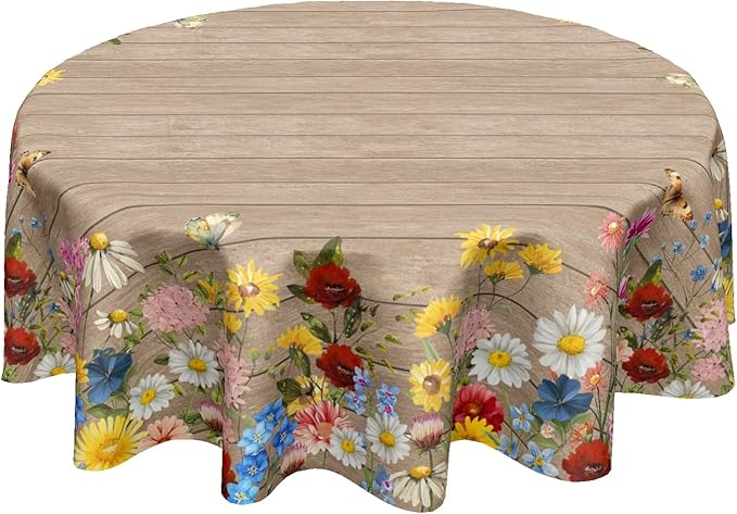 Spring Summer Round Tablecloth 60 Inch Vintage Floral Brown Wood Circle Table Cloth Farmhouse Table Cover Washable Polyester Indoor Decorations for Home Kitchen Dinning Party