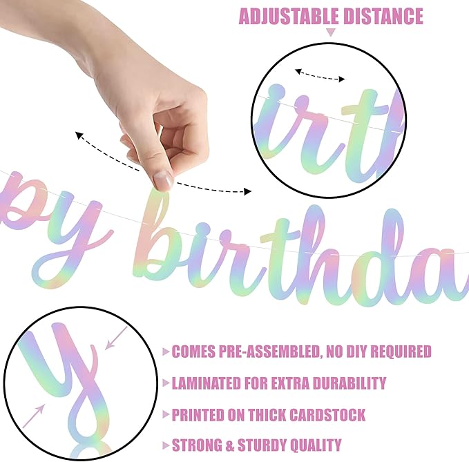 KatchOn, Pre-Strung Iridescent Happy Birthday Banner - 10 Feet | Iridescent happy Birthday Sign for Holographic Happy Birthday Decorations | Mermaid Birthday Decorations | Iridescent Party Decorations
