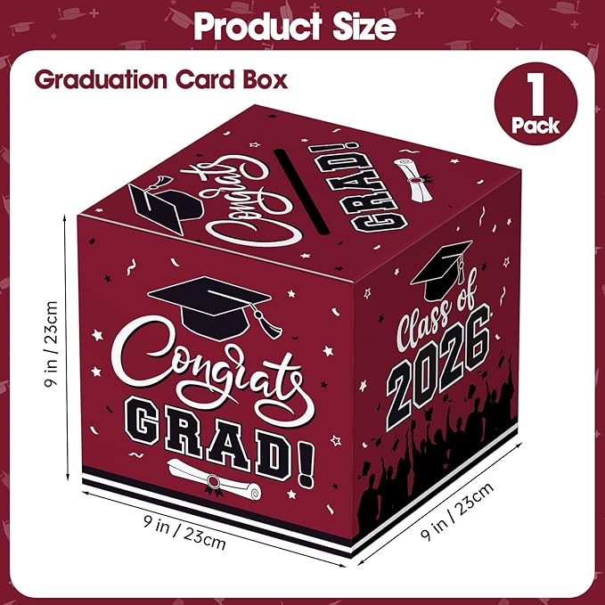 Graduation Card Box 2026 - Congrats Grad Card Boxes Holder, Maroon and Black Class of 2026 Graduation Gift Cards Box for Graduation Party Decorations 2026 Favors Decor Supplies Props,9x 9 x 9 inches