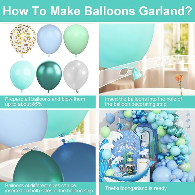 Under the Sea Balloon Arch, Pastel Blue Teal Lime Green Balloon Garland with Metallic Balloons, Blue Green Balloon Garland for Girls Boys Ocean Shark Theme Birthday Party Baby Shower Decor