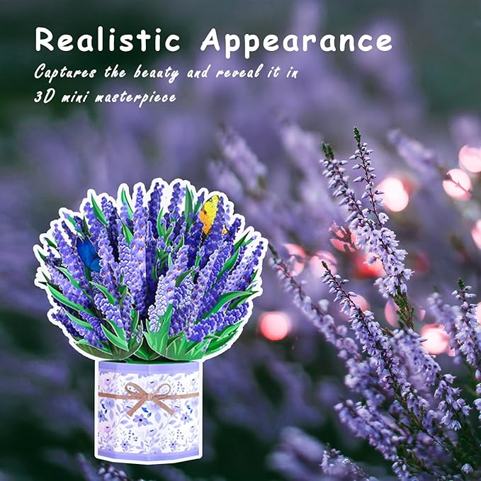 Lavender Bouquet Pop Up Card, 3D Flower Greeting Card with Envelope for Any Occasion, Birthday, Mother's Day, Anniversary, Valentines Day, Foldable Flower Cards for Wife or Friends