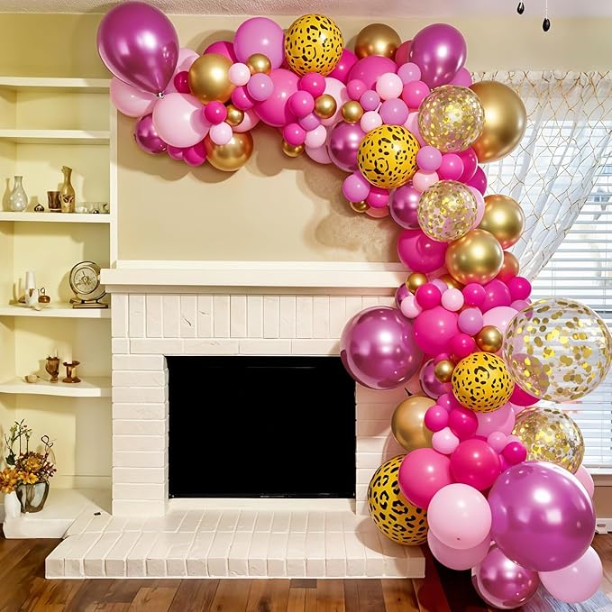 Hot Pink Cheetah Print Balloon Arch Kit, 112Pcs Pink Gold Balloon Garland with Gold Leopard Print Latex Balloon for Valentines Day Safari Jungle Animal Wild Cheetah Zoo Theme Birthday Party Decoration