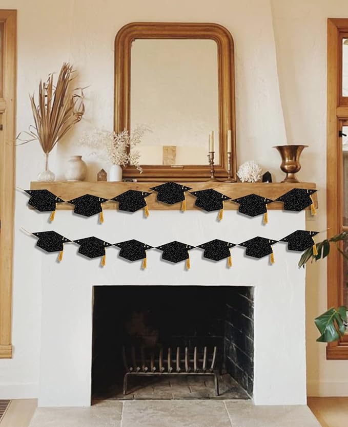 Graduation Decorations Class of 2026 Glitter Pre-Strung Congrats Grad with Tassel Party Congratulations Banner Decor College High School Graduation Party Favors Black