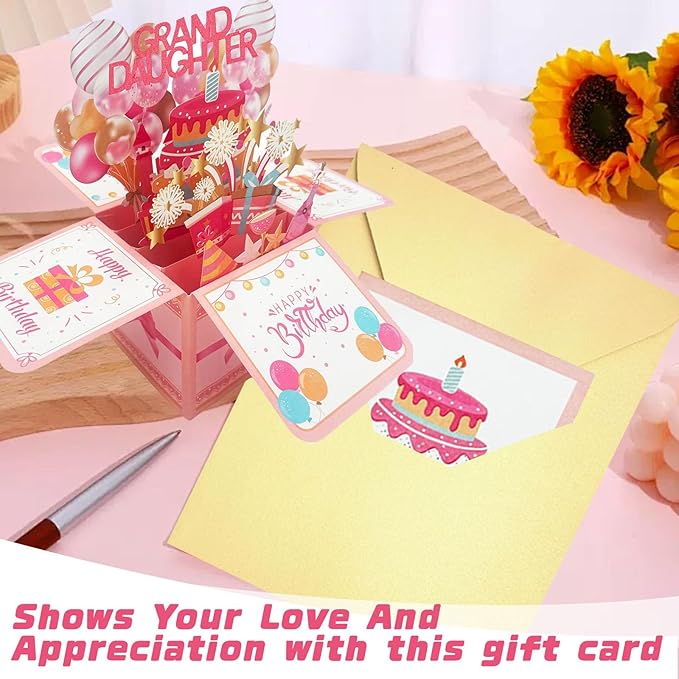 Happy Granddaughter Birthday Card Pop Up Card Box Gift From Grandma Grandparents 3D Funny Colorful Foldable Celebration Greeting Cards With Envelope For Women Birthday Party Decor