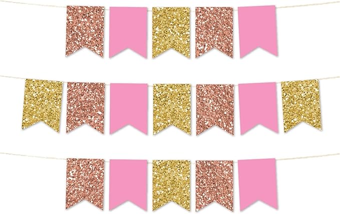 Andaz Press Hanging Pennant Banner with String, Faux Rose Gold Glitter, Peach, Faux Gold Glitter, 1-Set, 24 Pennants, Approx. 12-Feet Long, Girl's 1st Birthday Baptism Communion Theme Colored Supplies