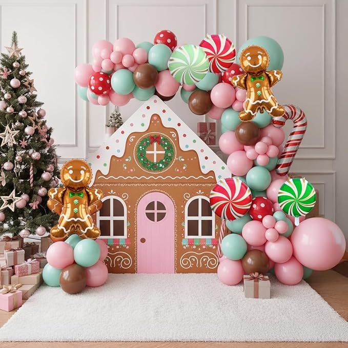 Christmas Balloon Garland Arch Kit 126Pcs Large Gingerbread Man Cane Foil Red Green Lollipop Candy & Mint Pink Cocoa Balloons for Xmas New Year Party Decorations