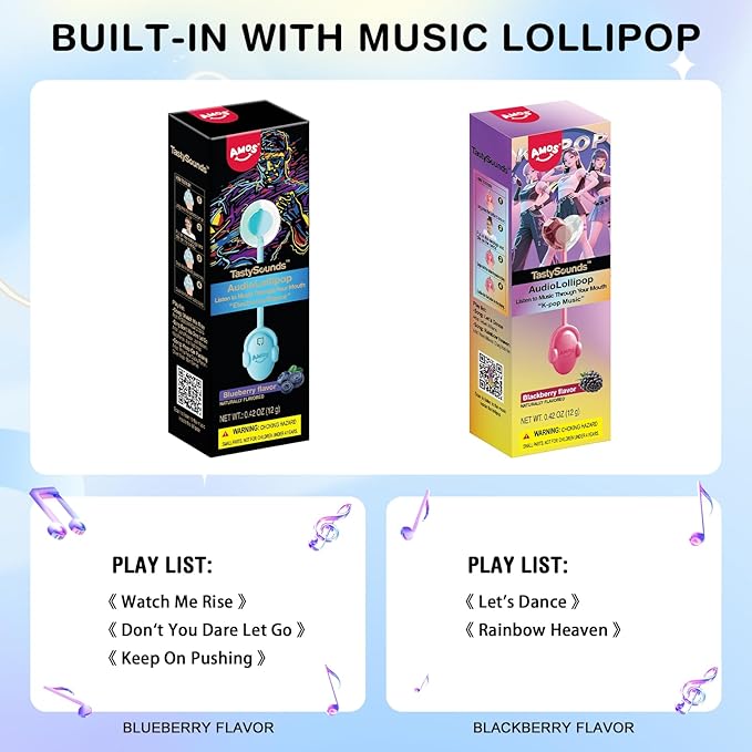 AMOS TastySounds Audio Lollipop 2-Pack Combo - Blackberry & Blueberry Flavors, Bone Conduction Music Candy with Earbud Design