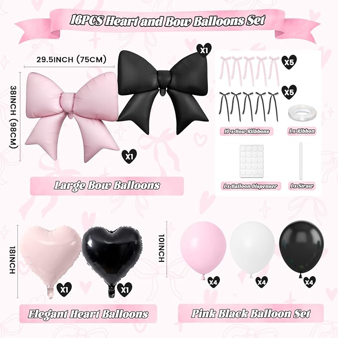 16Pcs Pink and Black Heart Balloons, 38 Inch Bow Balloons, Light Pink Black White Balloon and Bow Heart Shaped Foil Balloon Helium for Women Birthday Wedding Bridal Baby Shower Valentine Decorations