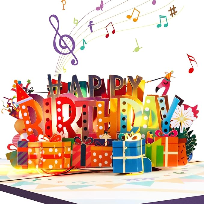 Flamingo Neon Music Playing Pop Up Happy Birthday Greeting Card with LED Light, Love Gift for Adult and Kid with Blank Note & Envelope, Celebration for Daughter, Son, Mom, Dad