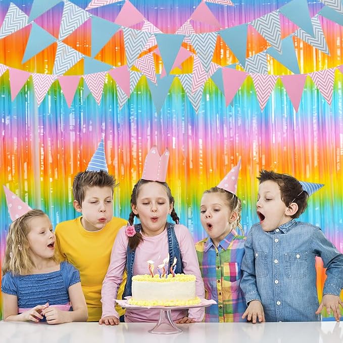BRAVESHINE Colourful Tinsel Fringe Curtains - 2Pcs 3.2x8.2ft Holidays Photo Booths Streamers Backdrop for Easter/Princess/Pastel/Classroom/Bunny/Girl/Unicorn/Birthday/Bridal Shower Party Decorations