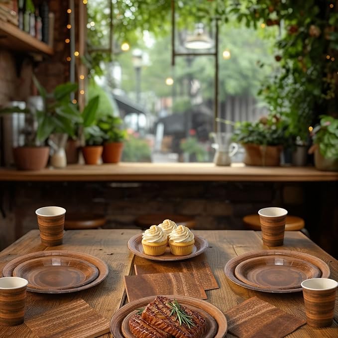 250 Pieces Rustic Wood Grain Party Tableware Set - Disposable Paper Plates, Cups & Napkins for 50 Guests - Lumberjack, Farmhouse, Camping, Forest Theme Birthday Decorations(Brown)