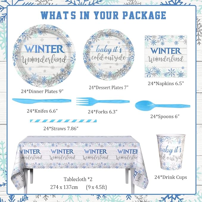 194pcs Winter Wonderland Baby Shower Decorations Winter Wonderland plates and Napkins, Cup, Tablecloth, Tableware, Blue Disposable Christmas Snowflake Party Supplies Serve 24 Guests