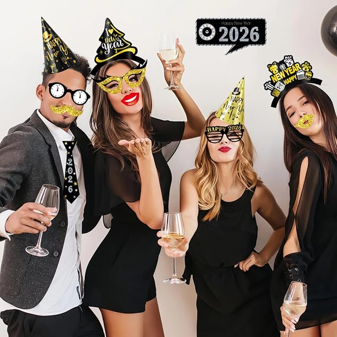YVAINE 48 Pieces New Years Eve Party Supplies 2026 Black Gold Happy New Year Decorations Kit Includes 6 New Years Party Hats 6 Headband Tiaras 12 Noise Makers and 24 Happy New Year Photo Booth Props