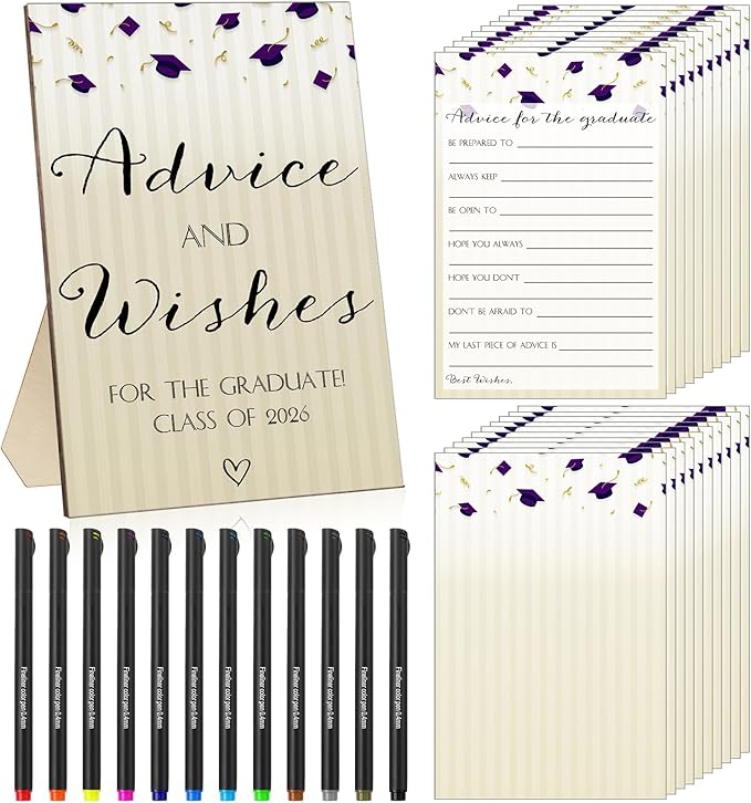 113 Pcs Class of 2026 Graduation Party Favors Include 1 Advice and Wishes Wooden Sign 100 Graduation Advice Cards with 12 Fineliner Ink Pens for The Graduate Class of 2026(Purple)