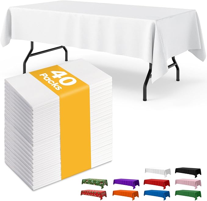 White Plastic Table Cloth Rectangle Table 40 Pack, 54''×108'' Tablecloth for 6ft Tables, Table Cloth for Disposable Use, Table Cover for Holiday Party, Gathering