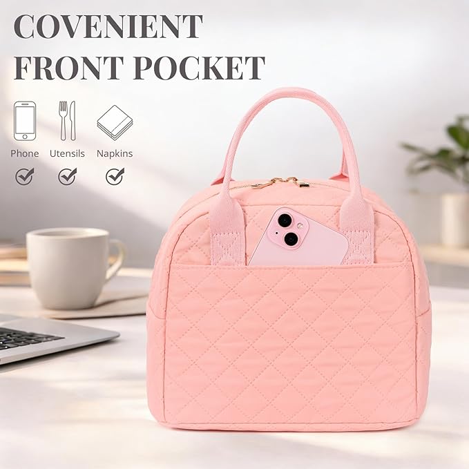 Lunch Bag for Women, Insulated Lunch Box, Reusable Water-Resistant Lunchbox Cooler with Front Pocket, Large Capacity Lunch Tote Bag for Work, Travel, Picnic