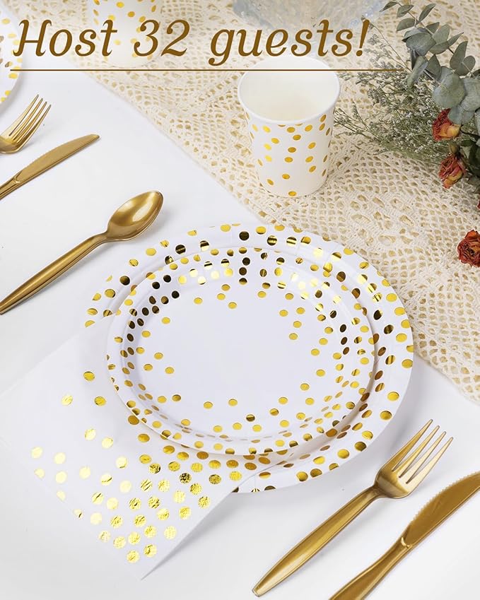 224 Pieces Party Supplies, White and Gold Dots Wedding Party Plates Cups and Napkins Sets with Plastic Knives forks spoons, Disposable Tableware Serves 32 Sets for Birthday, Graduation, Festivals