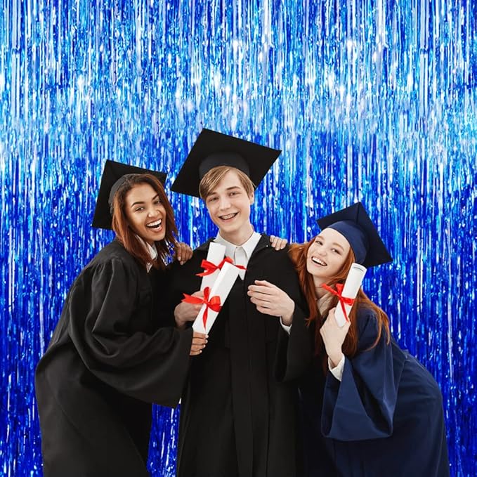 GOER 3.2 ft x 9.8 ft Metallic Tinsel Foil Fringe Curtains Party Photo Backdrop Party Streamers for Birthday,Graduation,New Year Eve Decorations Wedding Decor (Navy Blue,2 pcs)
