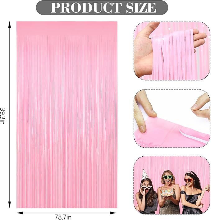 2 Pack Pastel Pink Foil Fringe Curtains, 3.3ft x 6.6ft Streamer Foil Curtain, Tinsel Backdrop for Birthday Party, Christmas Decor, Wedding Engagement Baby Shower Bachelorette Party Decorations