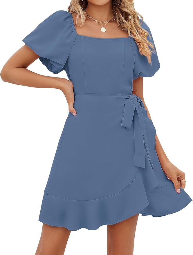 Sampeel Womens Summer Dresses Square Neck Puff Sleeve Tie Waist Short Dress