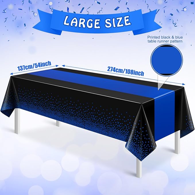 MASHAN 12Pcs Black and Blue Tablecloth Party Decorations,Plastic Black Table Cloth Printed Blue Runner Disposable Rectangle Table Cover for Birthday Wedding Anniversary Graduation Party,54 x108 Inch