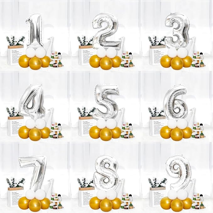 32 In Silver Large Numbers Balloons 0-9, Self Inflating Number 1 Balloons for Boys Girls, Big Silver Digit 1 Balloons for Women Men Birthday Party Anniversary Wedding Supplies Decorations